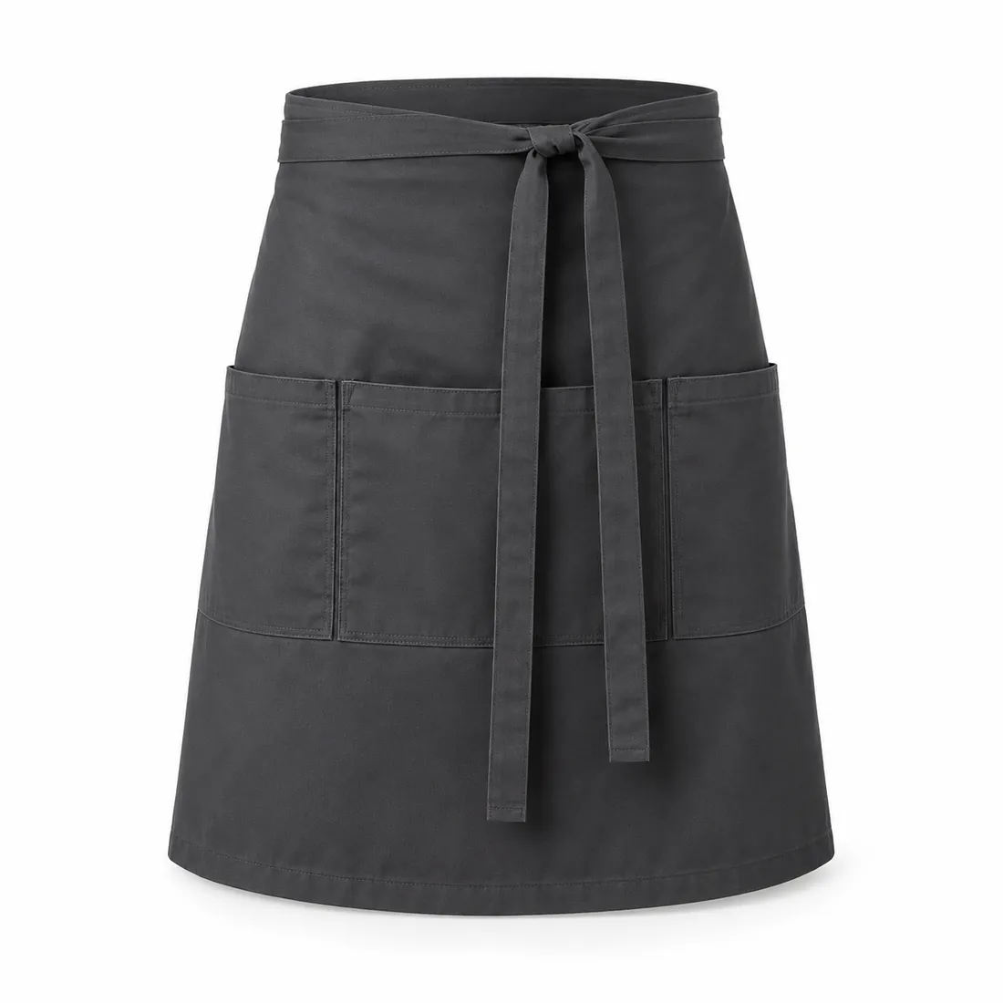 Charcoal waist bistro apron with three-section pocket and long ties, wholesale by Blackthorn World