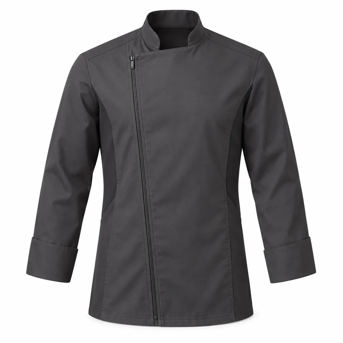 Charcoal chef jacket with asymmetric concealed zip and black collar, wholesale by Blackthorn World