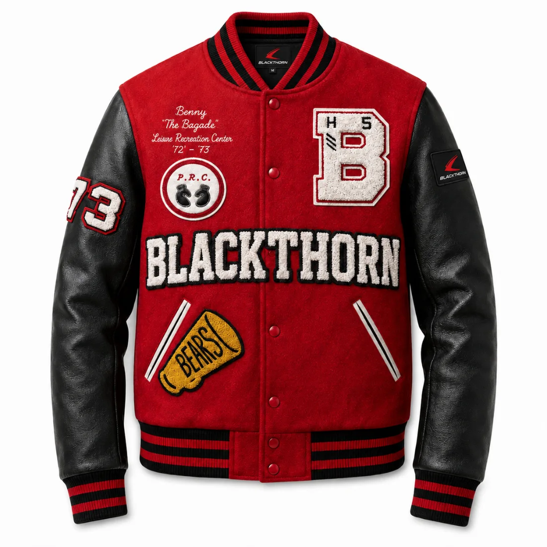 Chenille Patch Wool & Leather Varsity Jacket — custom streetwear made to order by Blackthorn World — red/black