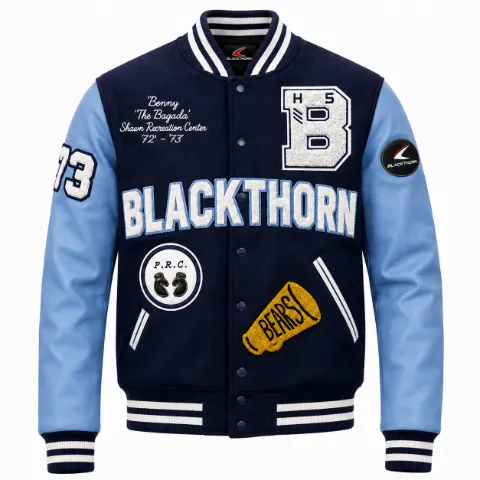 Chenille Patch Wool & Leather Varsity Jacket — navy/sky blue