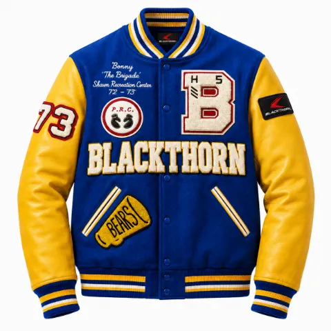 Chenille Patch Wool & Leather Varsity Jacket — royal/gold