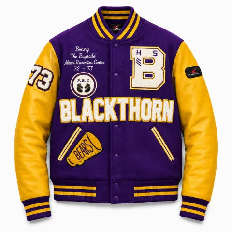 Chenille Patch Wool & Leather Varsity Jacket — purple/gold