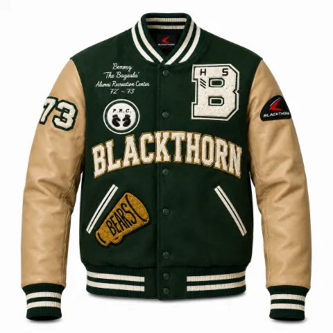 Chenille Patch Wool & Leather Varsity Jacket — green/tan