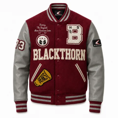 Chenille Patch Wool & Leather Varsity Jacket — maroon/grey