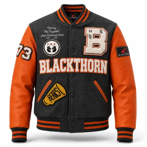 Chenille Patch Wool & Leather Varsity Jacket — charcoal/orange