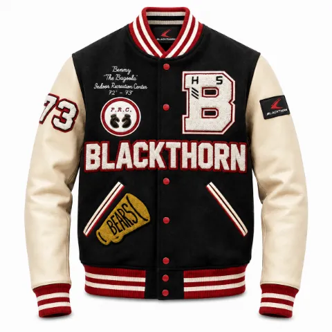Chenille Patch Wool & Leather Varsity Jacket — black/cream