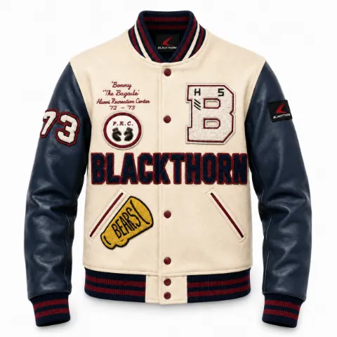 Chenille Patch Wool & Leather Varsity Jacket — cream/navy