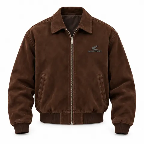 Chocolate Suede Collared Bomber Jacket