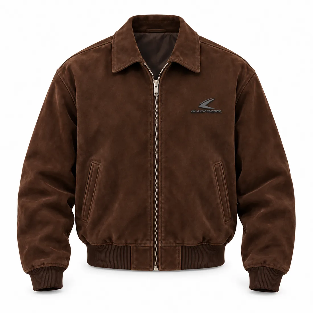 Chocolate-brown micro-suede jacket with shirt collar, rib hem and small TPR badge, front view
