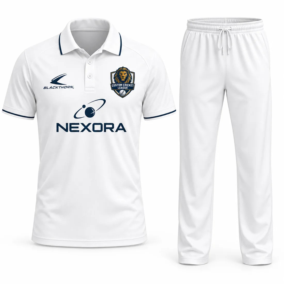 Classic Navy Lion Cricket Whites: custom cricket shirt and trousers, white with navy trim, with club crest and sponsor