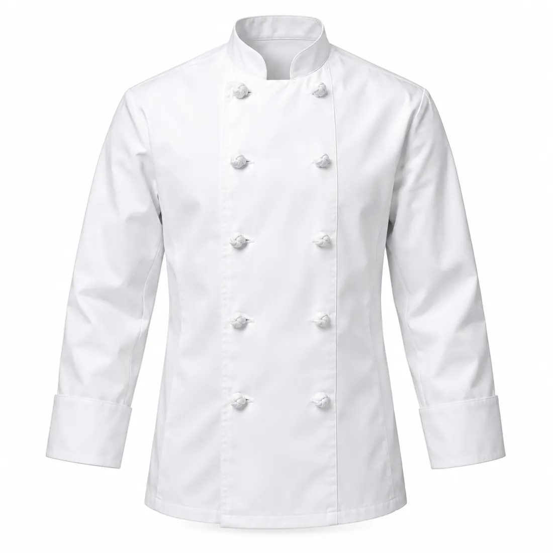 Classic white double-breasted chef jacket with knot buttons and turn-back cuffs, wholesale chef coat by Blackthorn World
