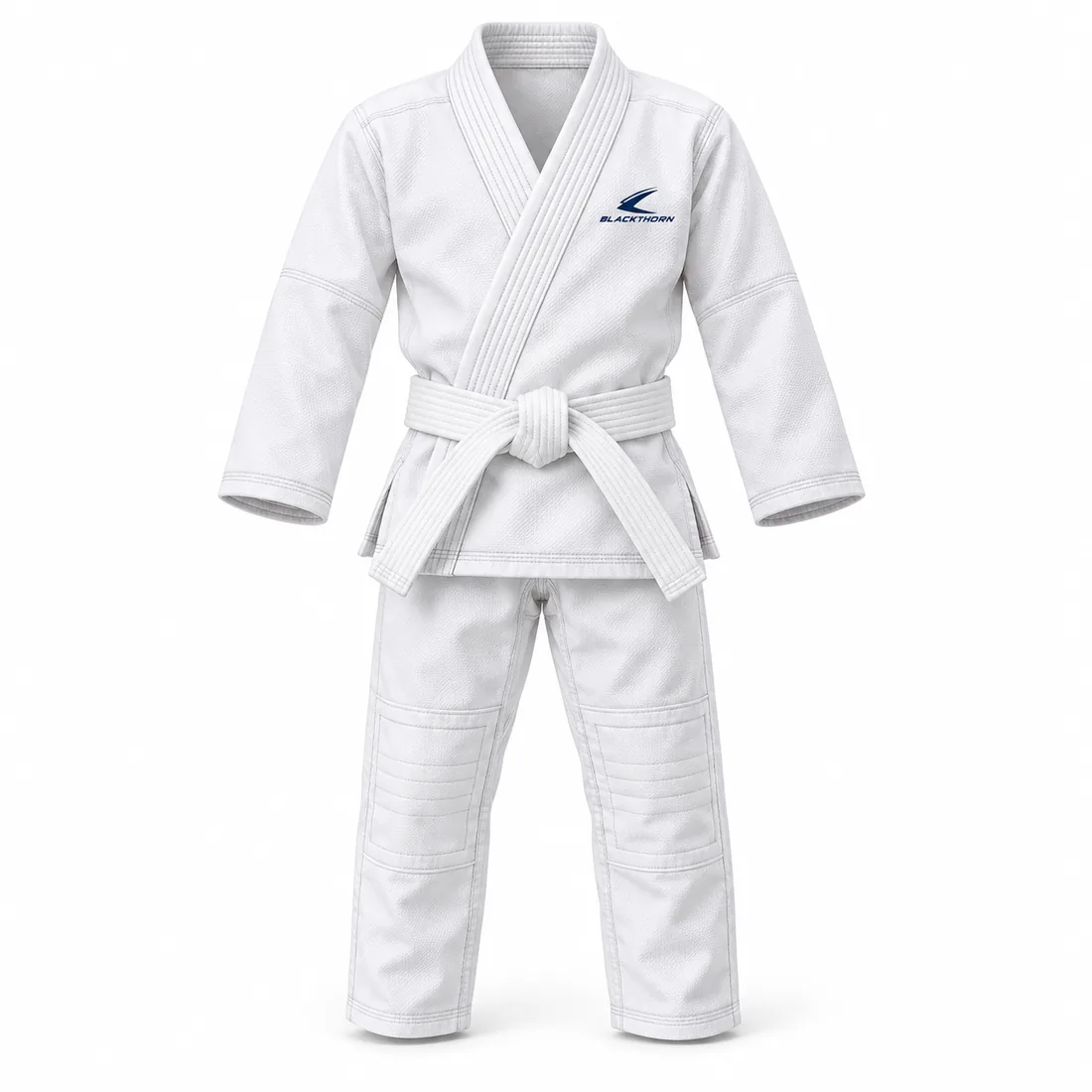 White kids BJJ gi with white belt and reinforced knees, Classic White junior competition gi, front view