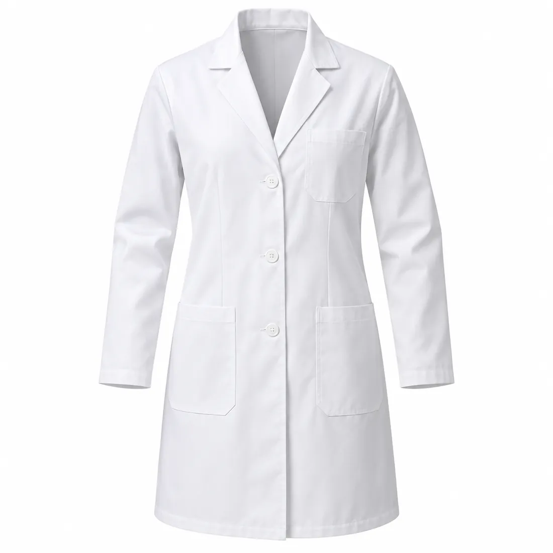 Classic white knee-length lab coat with notch lapel and three pockets, wholesale by Blackthorn World