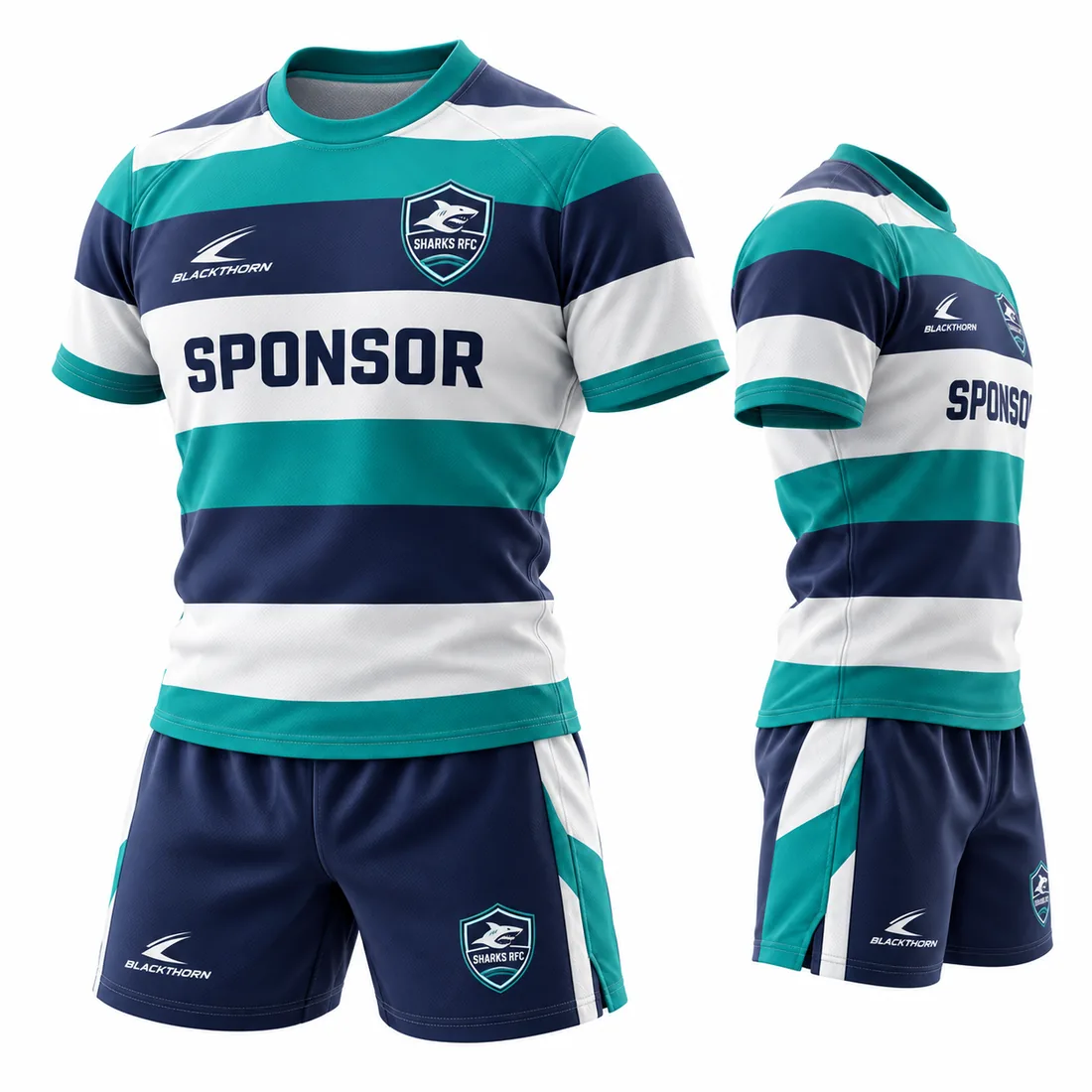 Coastal Tri-Hoop Rugby Kit — teal / navy / white hoops custom rugby kit made to order by Blackthorn World