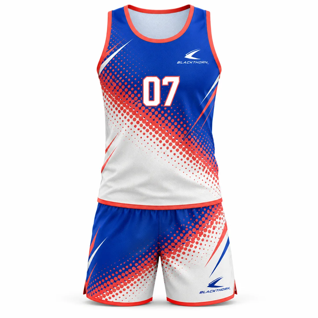 Cobalt blue and white sleeveless beach volleyball tank and shorts with red halftone dots, red trims and number 07