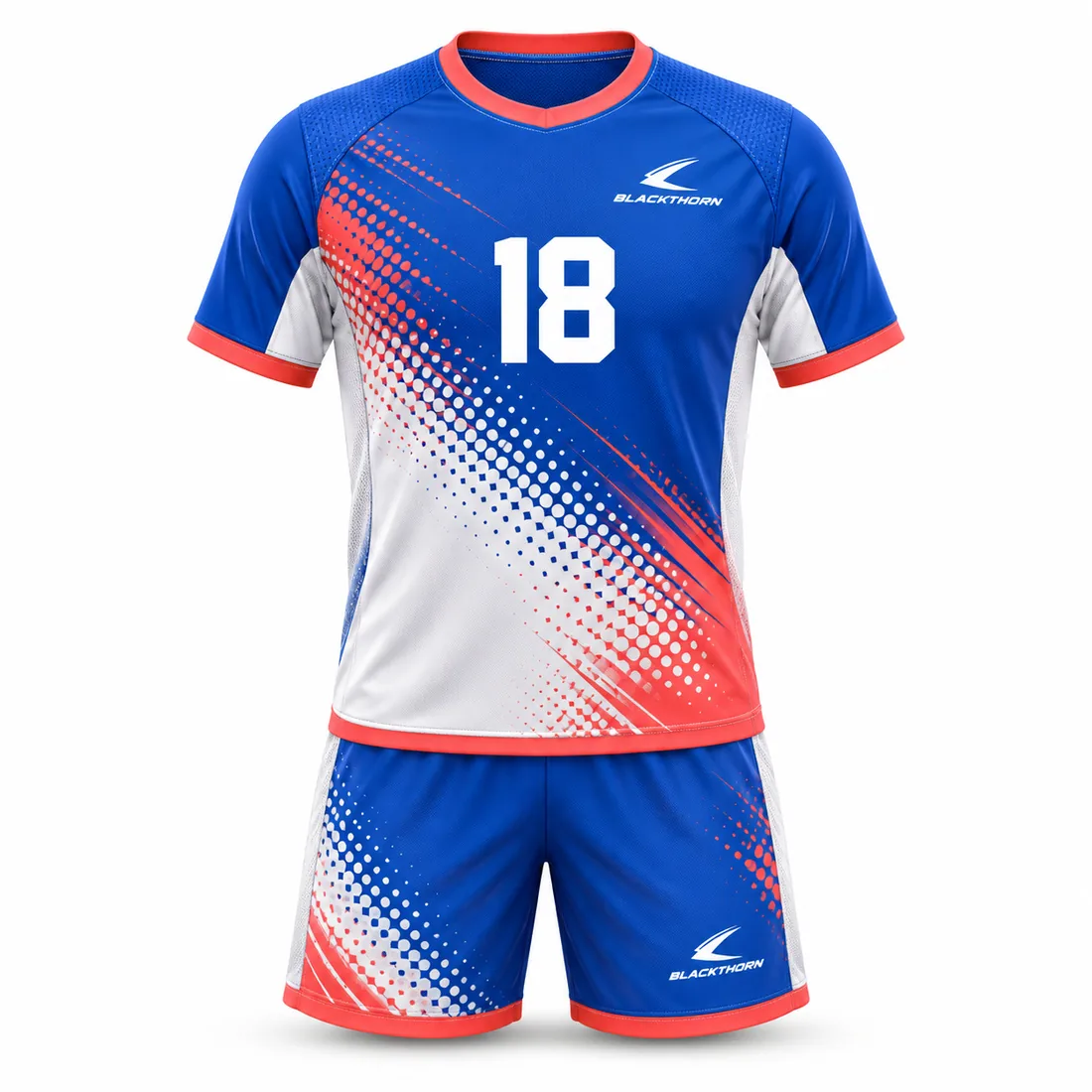 Cobalt blue and white handball jersey and shorts with red halftone dots, red trims and number 18 for club shops