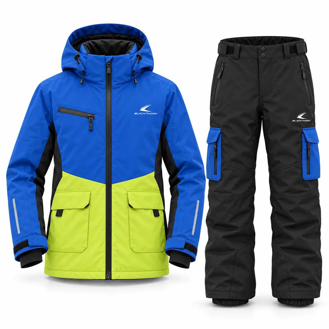 Cobalt Lime Youth Ski Set — custom youth ski jacket and cargo pants set in cobalt blue, lime and black, made to order by Blackthorn World