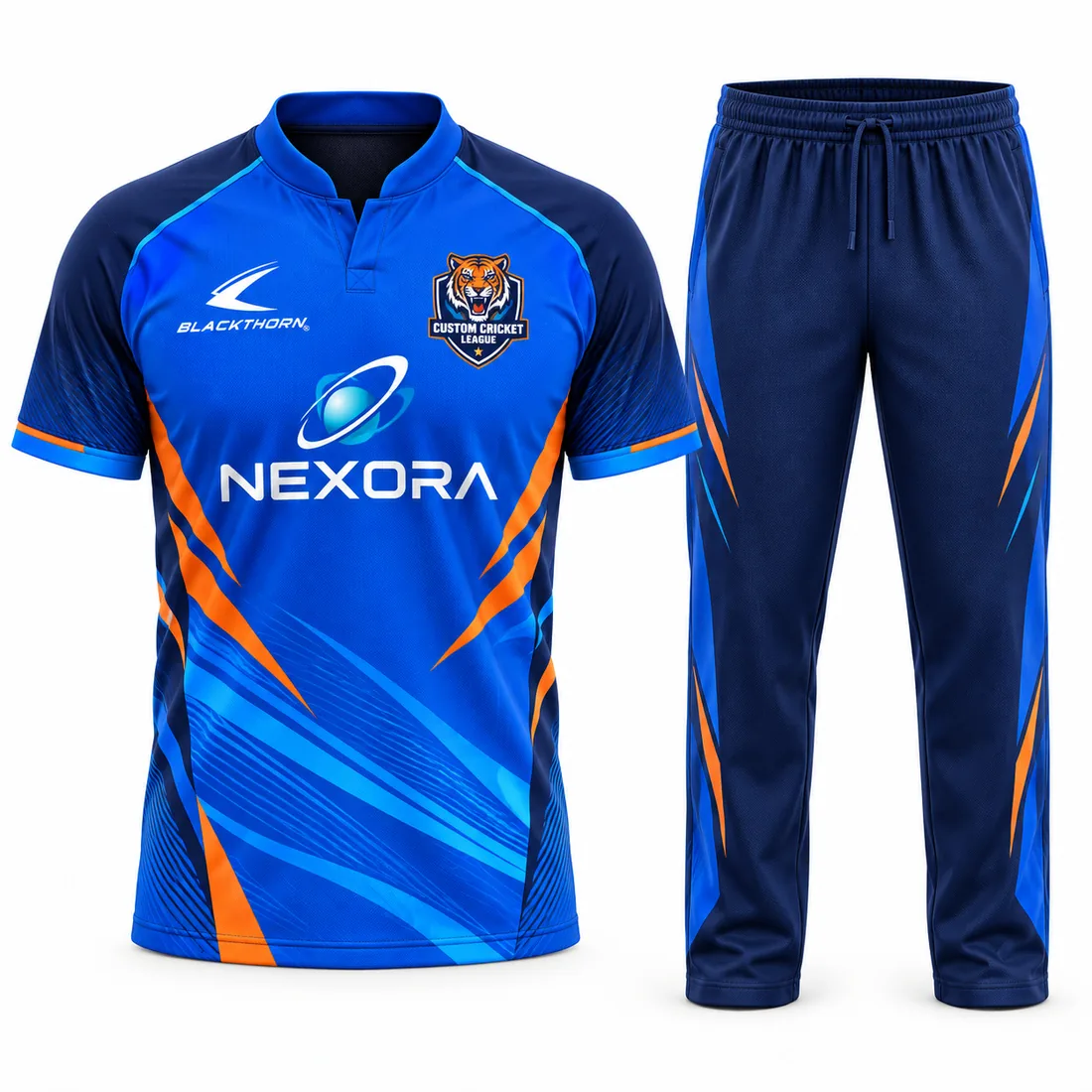 Cobalt Tiger T20 Cricket Kit: custom cricket shirt and trousers, cobalt blue and orange, with club crest and sponsor