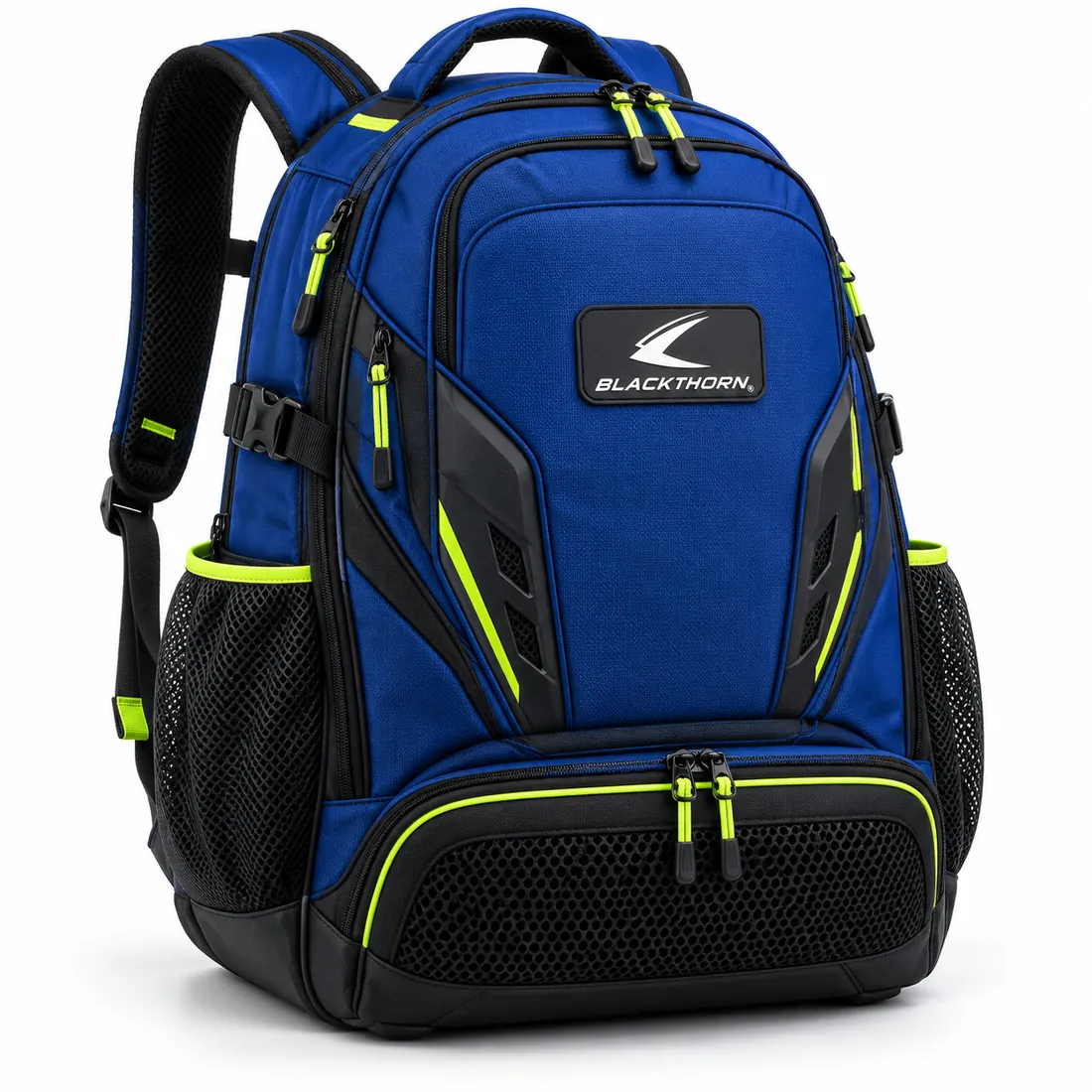 Cobalt blue youth boxing backpack with fluorescent volt trim and zip pulls, logo patch and black vented base compartment