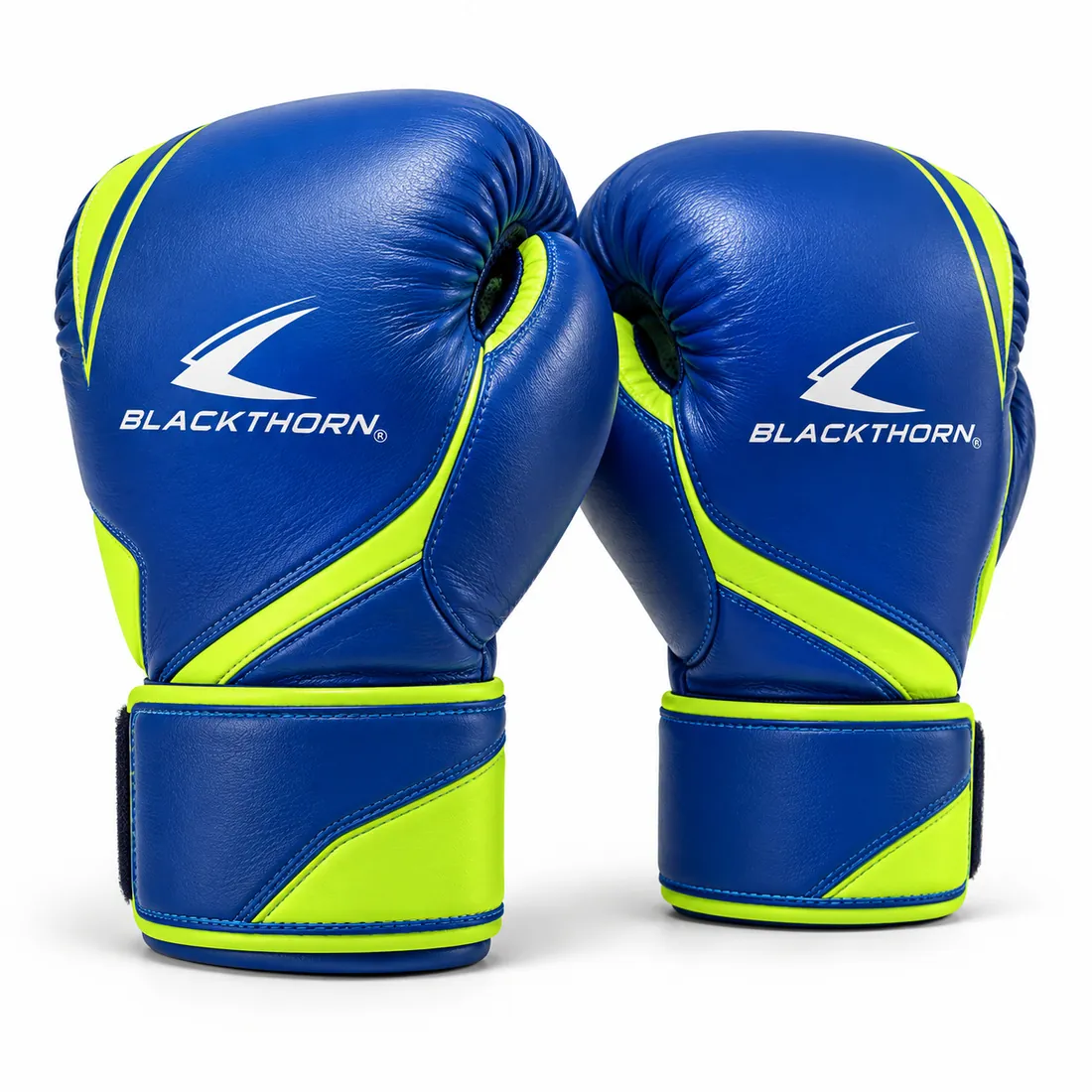 Pair of cobalt blue boxing gloves with fluorescent volt lime swooshes and volt cuff trim