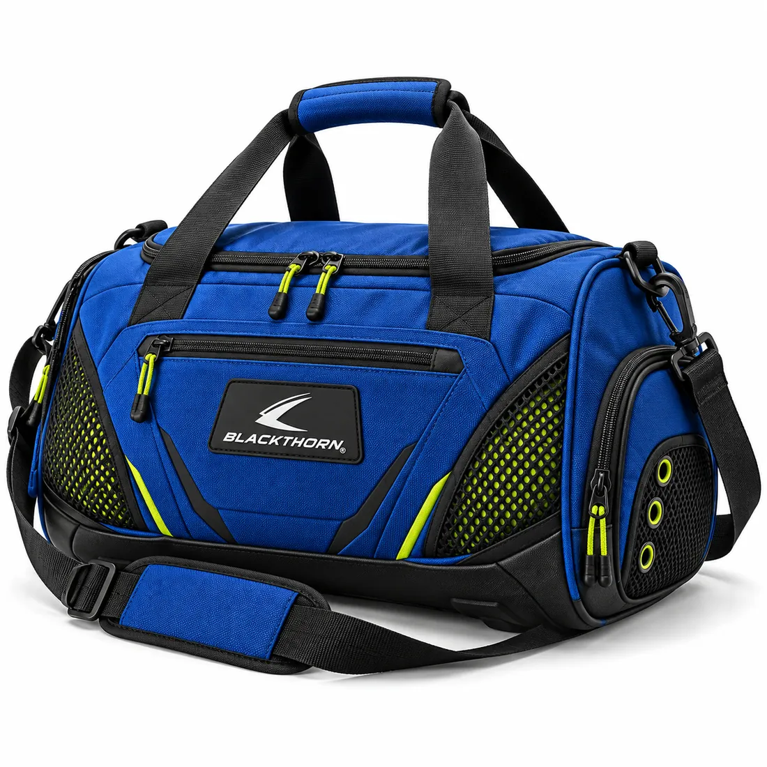 Cobalt blue youth duffle bag with fluorescent volt mesh panels, volt zip pulls, logo patch and vented end with air holes