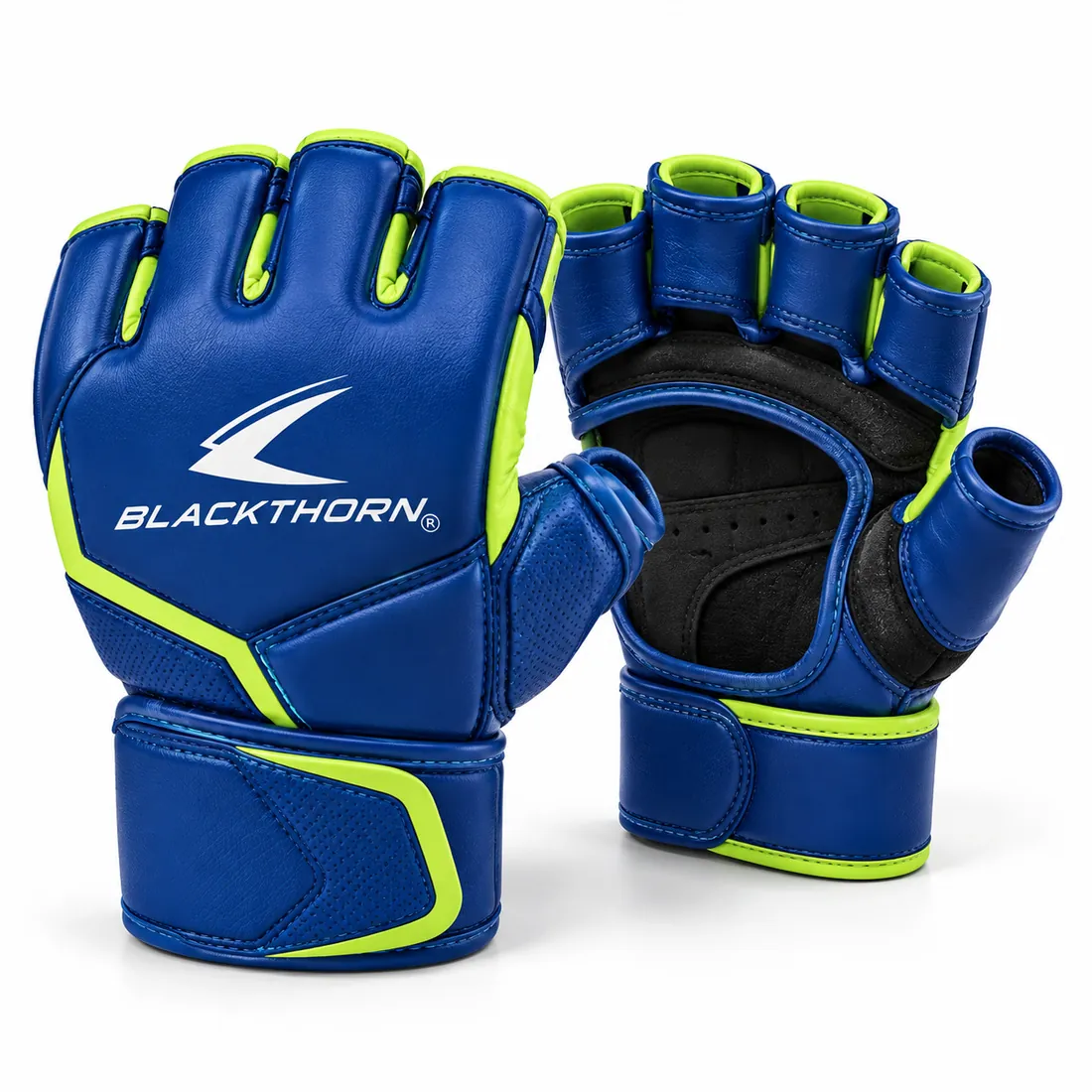 Cobalt blue grappling gloves with fluorescent volt lime edging, slim padding, open palms and white Blackthorn logo