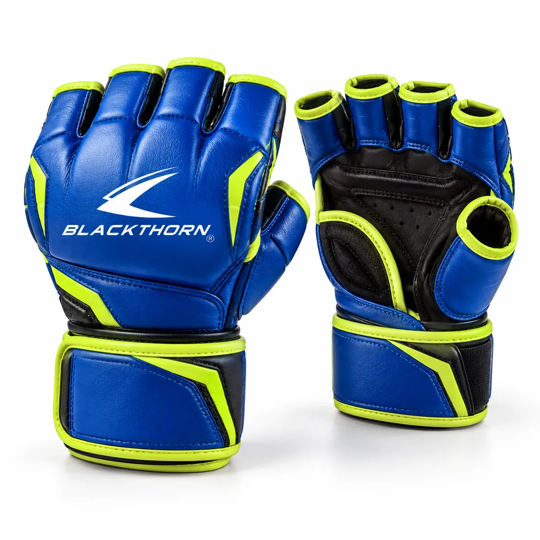 Cobalt blue MMA gloves with fluorescent volt lime trim, black palms, open fingers and white Blackthorn logo on backhand