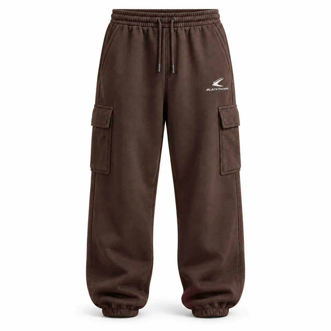 Chocolate-brown cuffed cargo sweatpants with side cargo pocket and tonal embroidery, front view