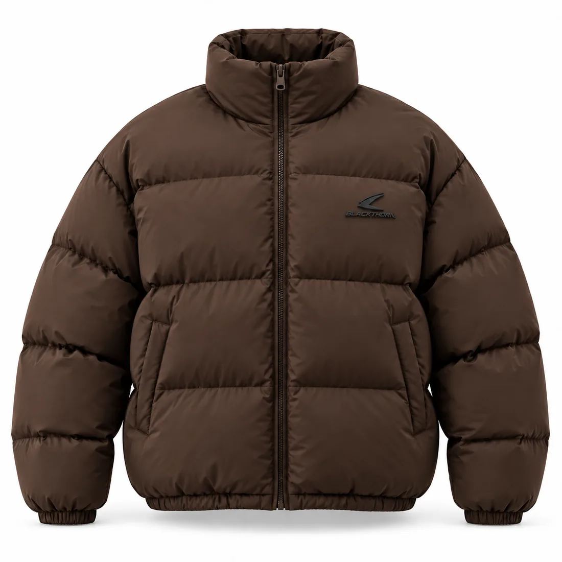 Cocoa-brown oversized stand-collar puffer jacket with wide quilting and small TPR badge