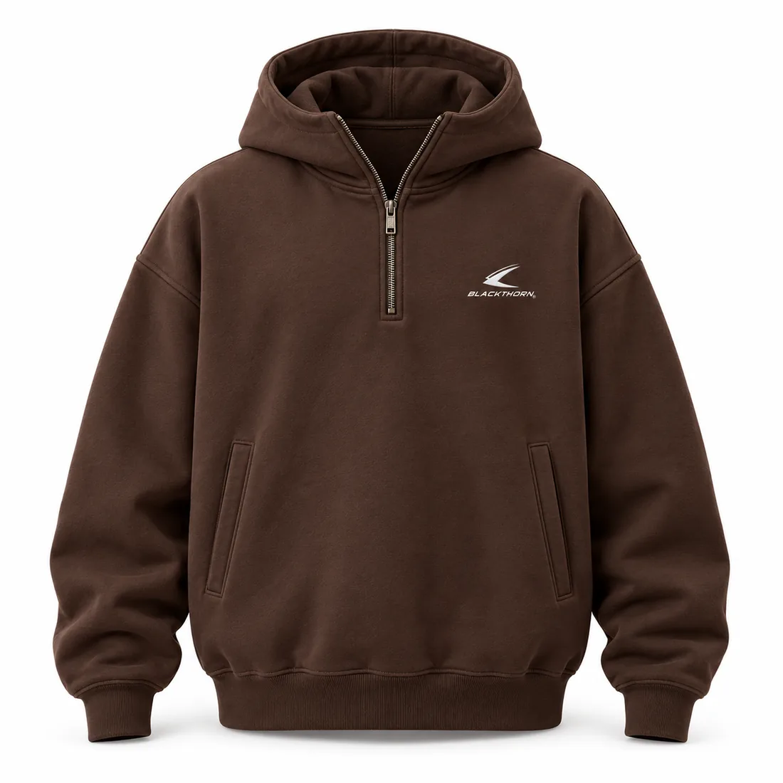 Chocolate-brown oversized quarter-zip heavyweight hooded sweatshirt, front view