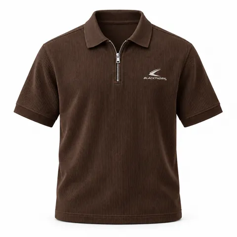 Cocoa Rib-Knit Zip Polo