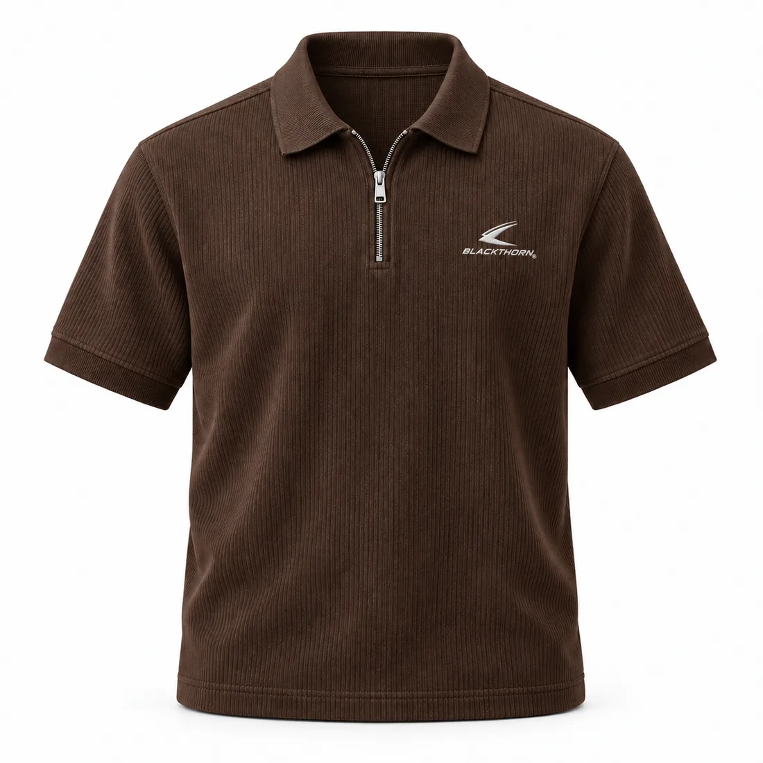 Cocoa-brown rib-knit polo with quarter-zip placket and embroidered logo, private label