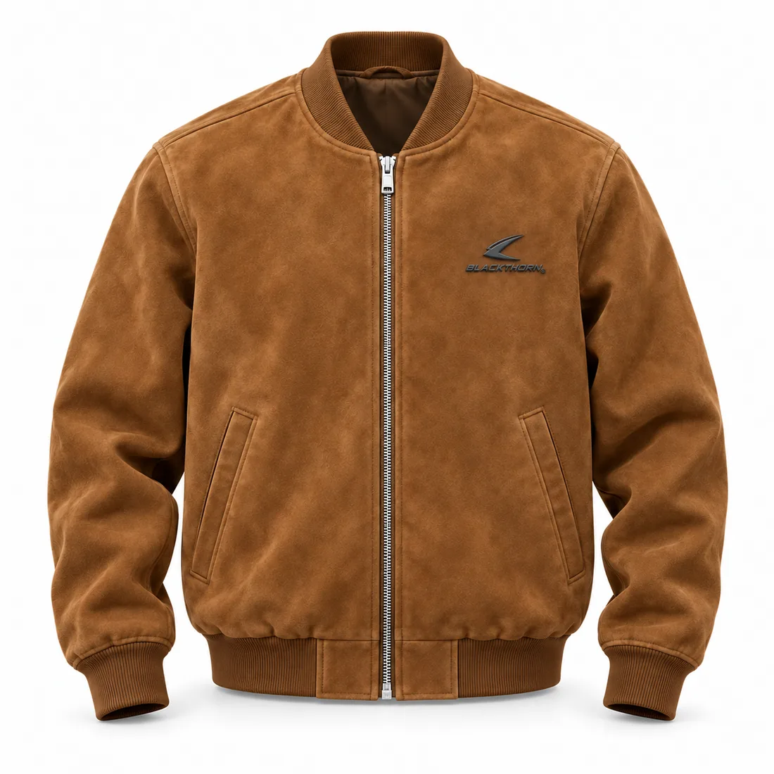 Cognac tan micro-suede bomber jacket with dark rib collar and tonal TPR chest badge, front