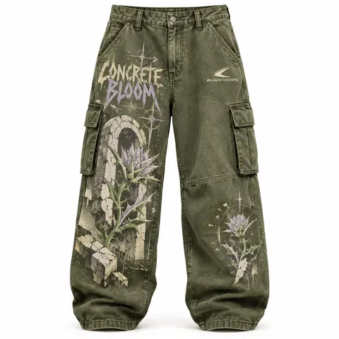 Concrete Bloom Olive Baggy Cargo Trousers — Sweatpants, cargo & denim trousers by Blackthorn World