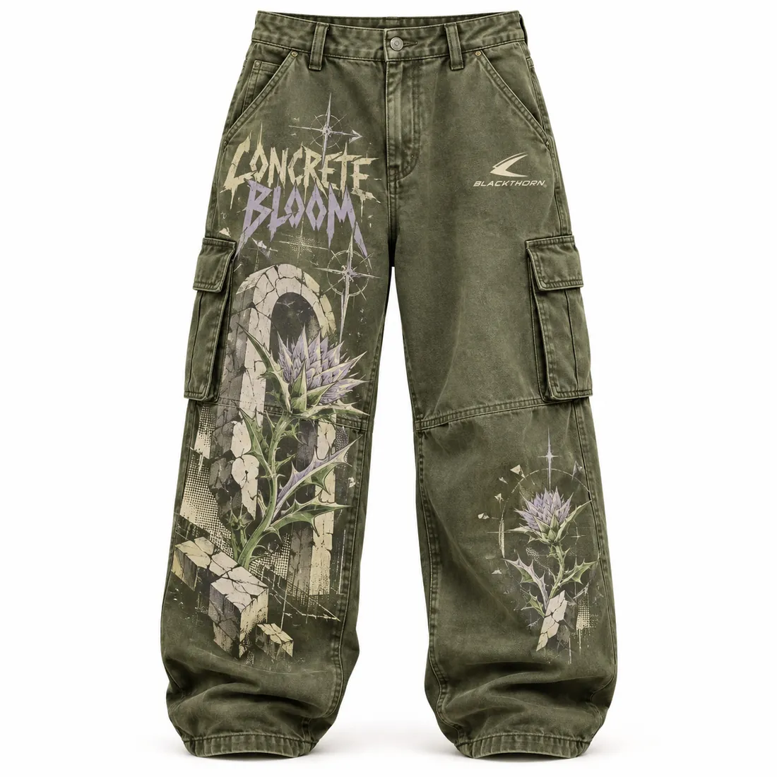 Concrete Bloom Olive Baggy Cargo Trousers — sweatpants, cargo & denim trousers by Blackthorn World