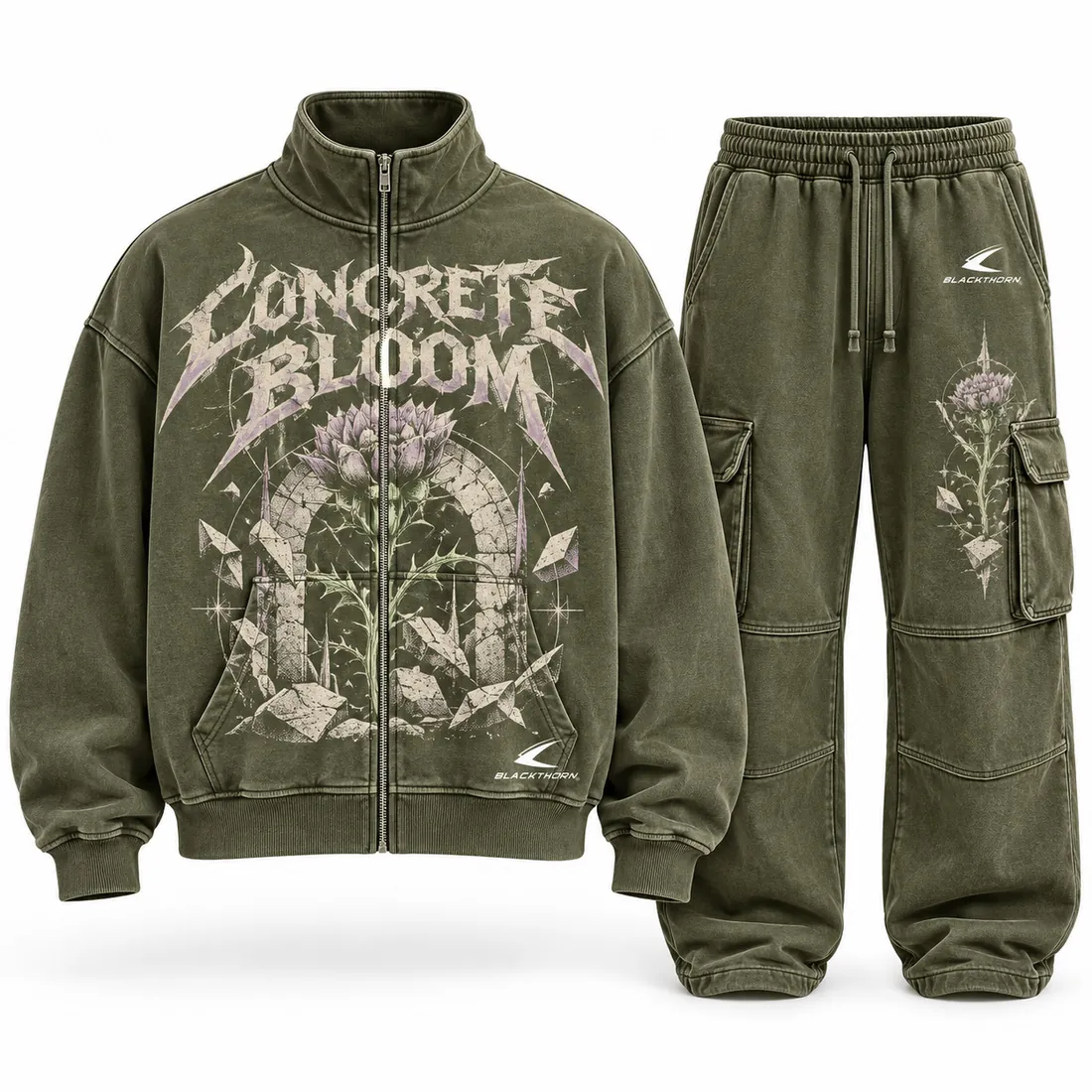 Concrete Bloom Olive Cargo Sweatsuit — tracksuits & sweatsuits by Blackthorn World