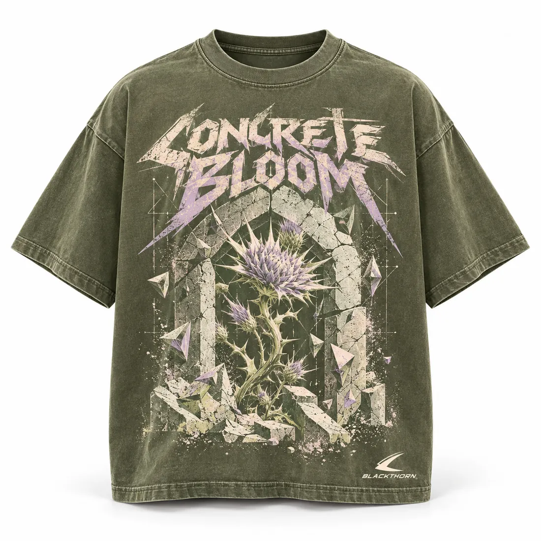 Concrete Bloom Olive Cropped Boxy Tee — graphic t-shirts by Blackthorn World