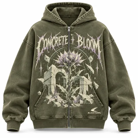 Concrete Bloom Olive Full-Zip Hoodie — Hoodies & sweatshirts by Blackthorn World