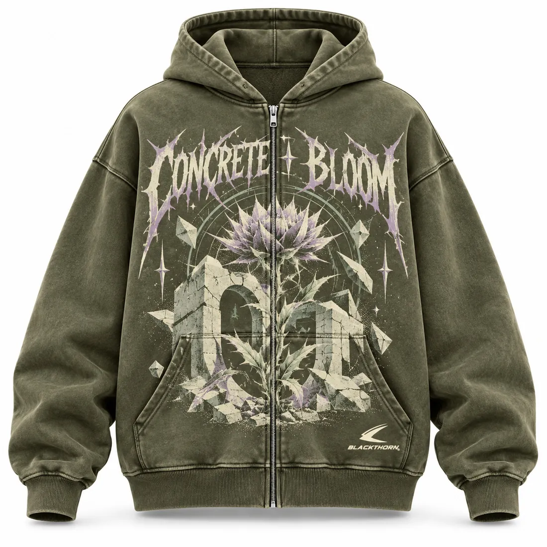 Concrete Bloom Olive Full-Zip Hoodie — hoodies & sweatshirts by Blackthorn World