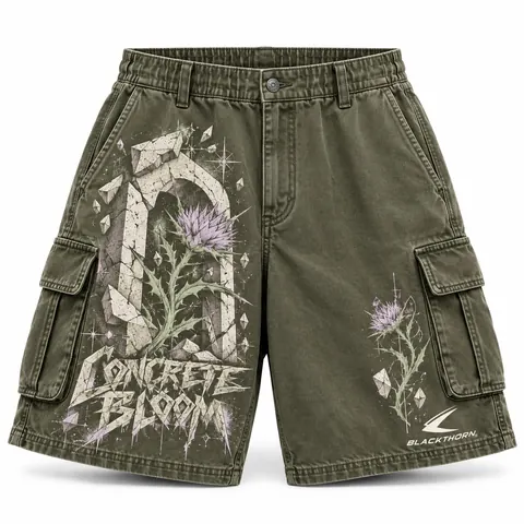 Concrete Bloom Olive Roomy Cargo Shorts — Streetwear shorts by Blackthorn World