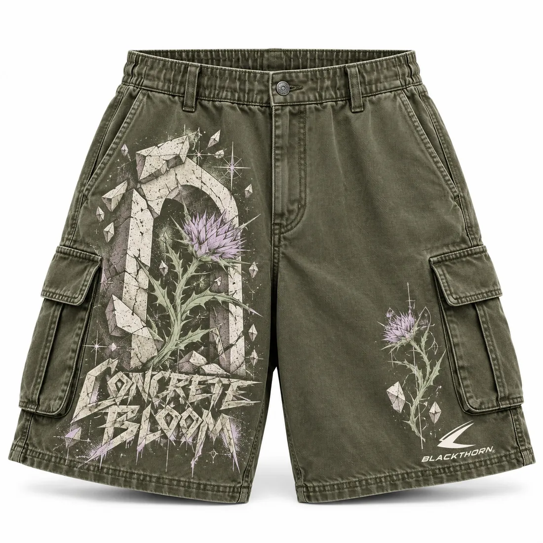 Concrete Bloom Olive Roomy Cargo Shorts — streetwear shorts by Blackthorn World