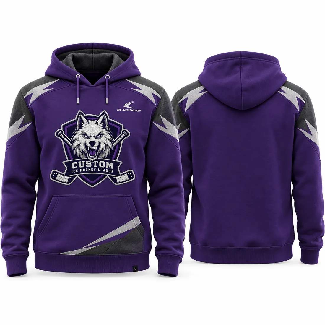 Hockeyhoodie i bomullsfleece med klubbemblem, lila — fram- och baksida