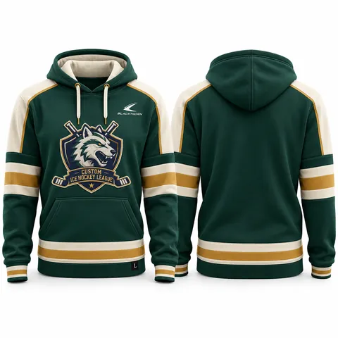 Hockeyhoodie i bomullsfleece med klubbemblem, grön och guld — fram- och baksida