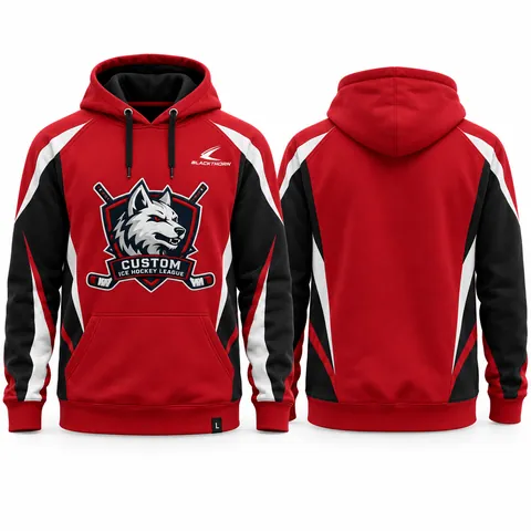 Hockeyhoodie i bomullsfleece med klubbemblem, röd och svart — fram- och baksida