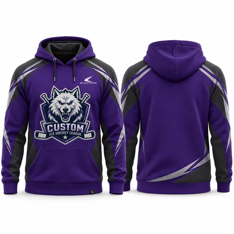 Hockeyhoodie i bomullsfleece med klubbemblem, lila och grå — fram- och baksida