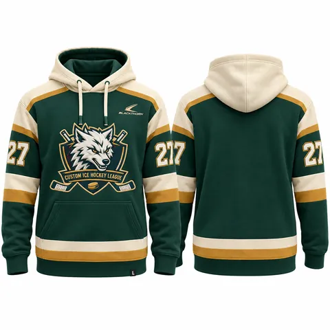 Hockeyhoodie i bomullsfleece med klubbemblem, grön och krämvit — fram- och baksida