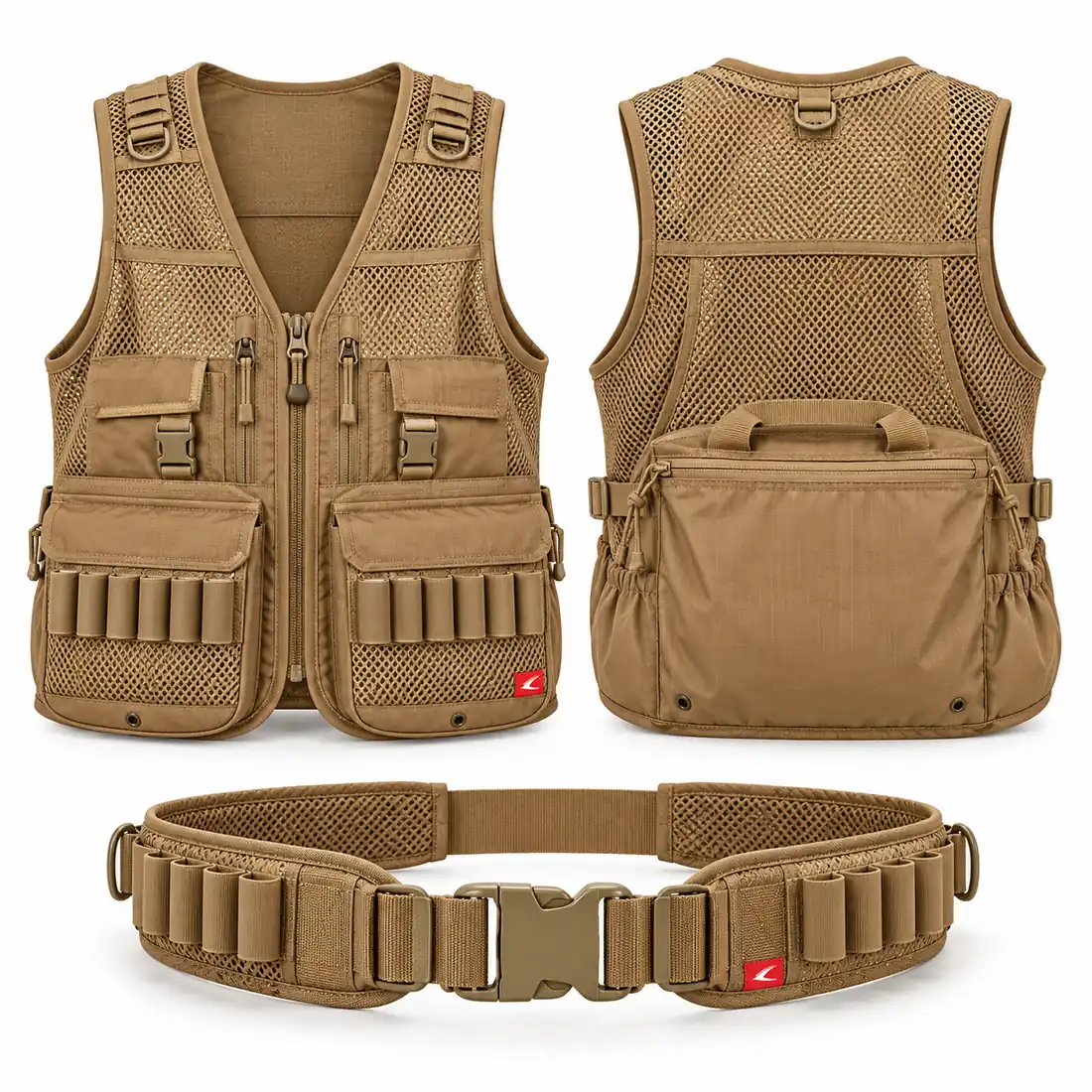 Coyote tan mesh shell vest with rear game bag and tan shell belt, hunting vest set