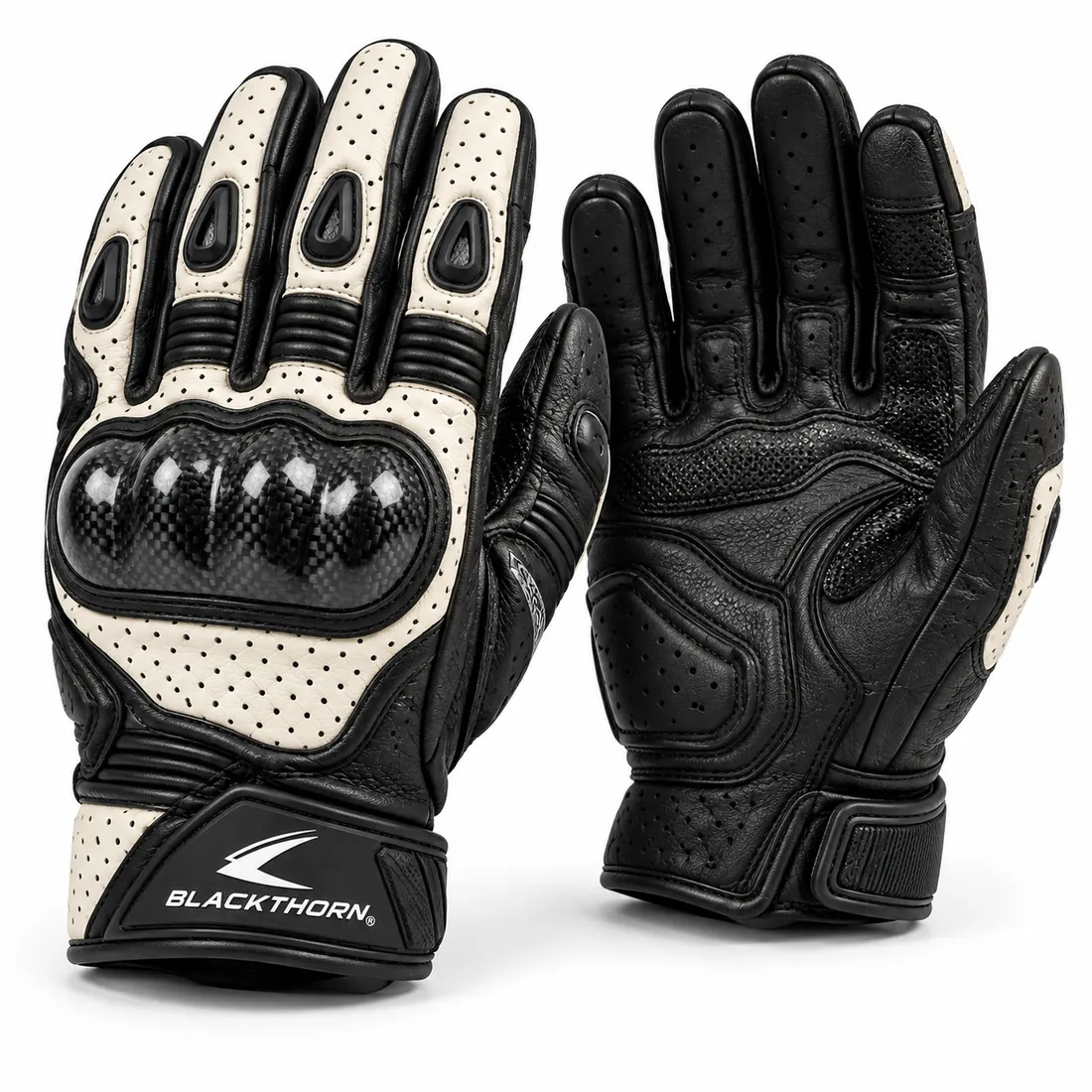 Cream & Black Perforated Sport Motorcycle Gloves — motorcycle & motocross gloves by Blackthorn World