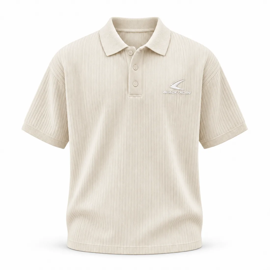 Cream vertical rib-knit boxy polo with small embroidered chest logo, team store merch