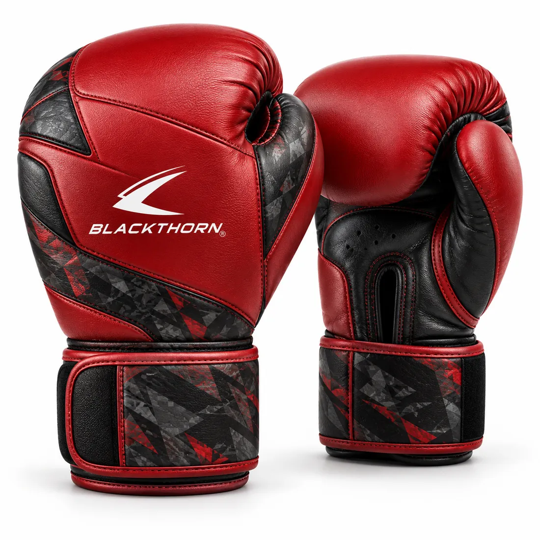 Pair of red boxing gloves with black carbon-texture side panels and carbon-print wrist strap